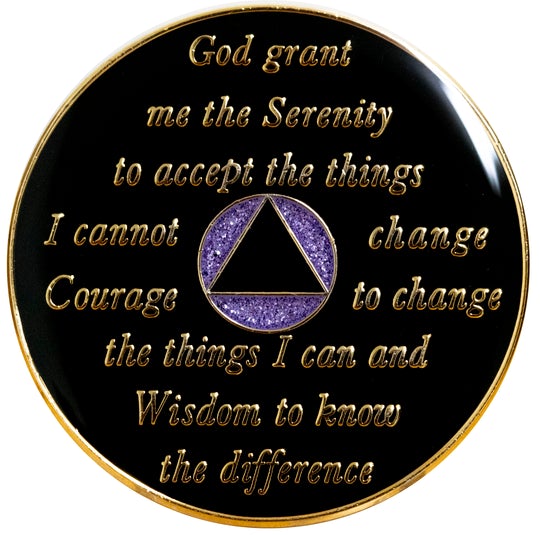 #aa35. AA Coin, Glitter Lavender Coin w Purple Transition Crystals (Yrs 1-50)