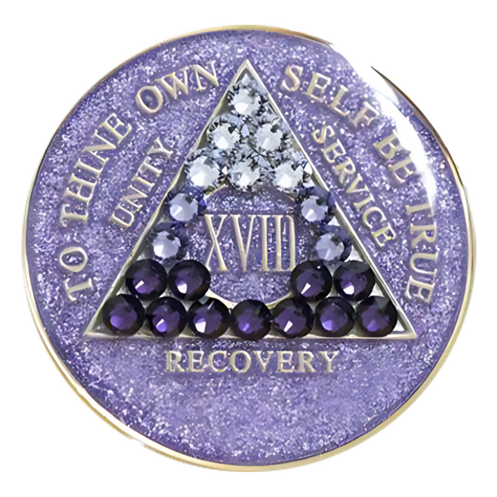 #aa35. AA Coin, Glitter Lavender Coin w Purple Transition Crystals (Yrs 1-50)