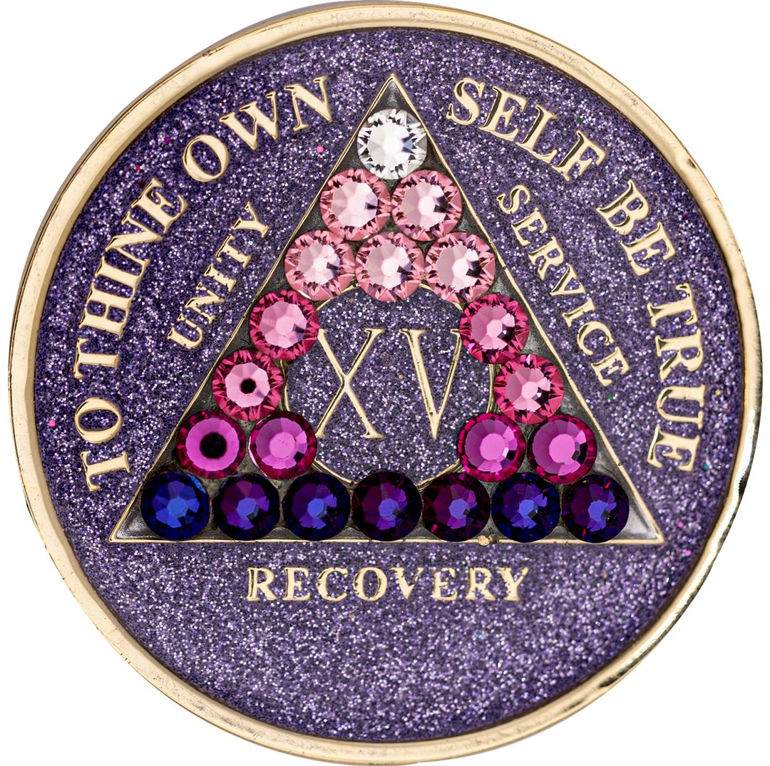 #aa36. AA Coin, Glitter Lavender Coin w Pink Transition Crystals (Yrs 1-50)