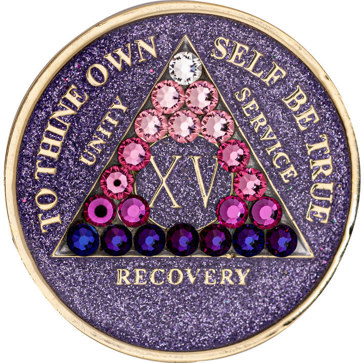 #aa36. AA Coin, Glitter Lavender Coin w Pink Transition Crystals (Yrs 1-50)