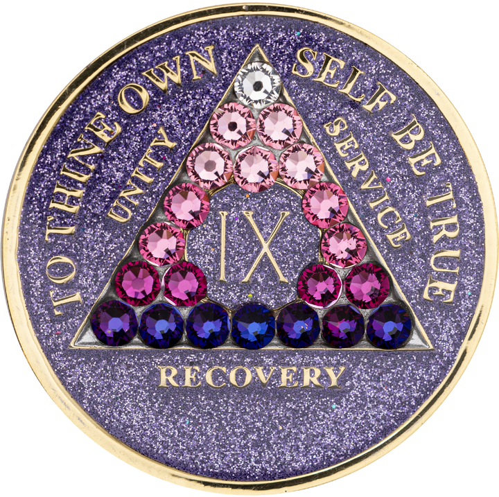 #aa36. AA Coin, Glitter Lavender Coin w Pink Transition Crystals (Yrs 1-50)