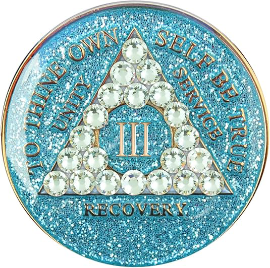 #aa52.  AA Coin, Glitter Turquoise Coin w White Crystals (1-50)