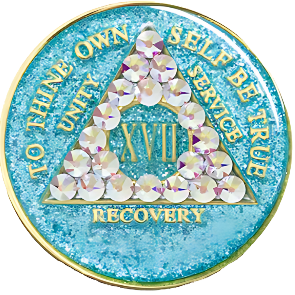 #aa53.  AA Coin, Glitter Turq Coin w Aurora Borealis (1-50)