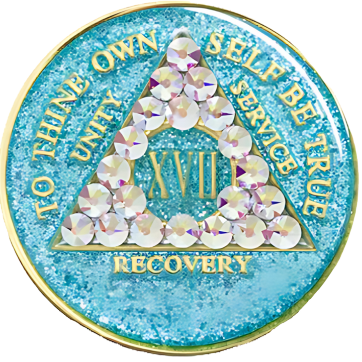 #aa53.  AA Coin, Glitter Turq Coin w Aurora Borealis (1-50)