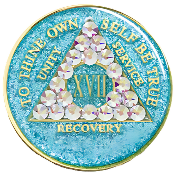 #aa53.  AA Coin, Glitter Turq Coin w Aurora Borealis (1-50)