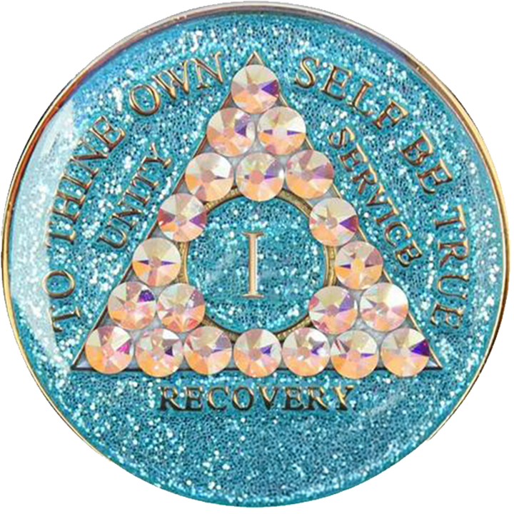 #aa53.  AA Coin, Glitter Turq Coin w Aurora Borealis (1-50)