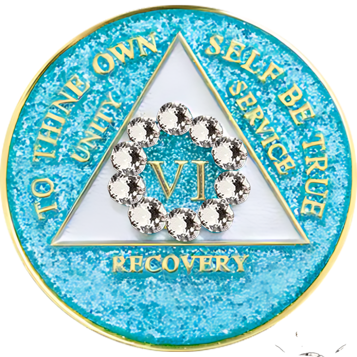 #aa57.  AA Coin, Glitter Turquoise Coin w Wh Circle (1-50)
