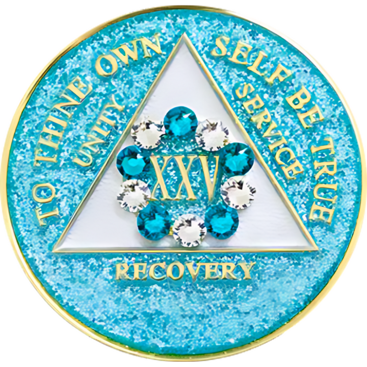 #aa58.  AA Coin, Glitter Turquoise Coin w Wh/Turq Circle (1-50)