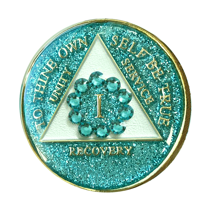 #a59. AA Glitter Turquoise Coin w Turq Circle (1-50) - Premium Medallions from Choices - Just $21.95! Shop now at Choices Books & Gifts