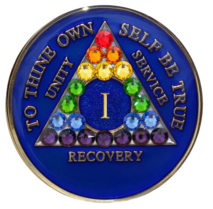 #aa65.  AA Medallion, Blue w Rainbow Bling (1-65)
