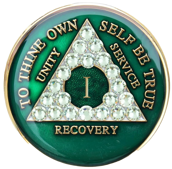 #aa72.  AA Chip, Green w White Crystals (1-65)