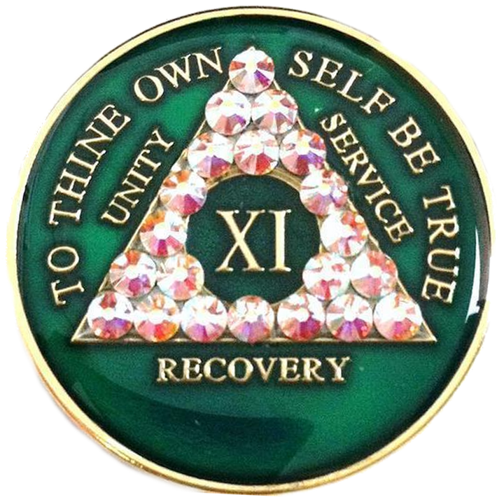 #aa73.   AA Chip, Green w Aurora Borealis Triangle (1-65)