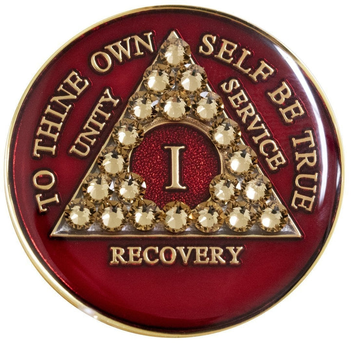 #aa83.  Red Coin w Lt Gold Crystals (1-65)