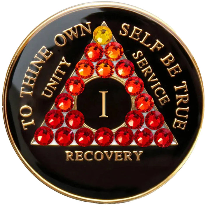 #aba104.  AA Chip, Black w Red Tran Crystals (1-65)