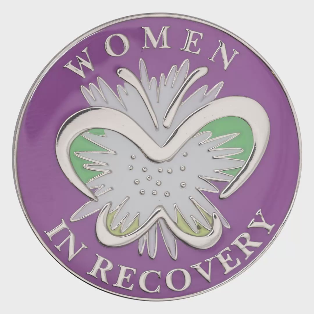 Women in Recovery purple coin spinning to show front and back