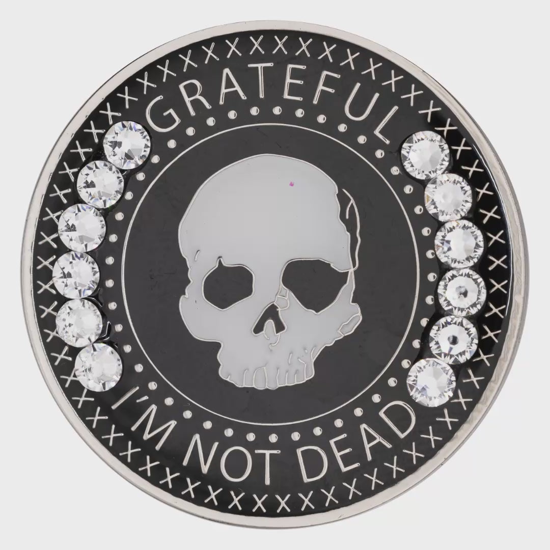 Grateful I'm Not Dead white recovery coin spinning to show front and back