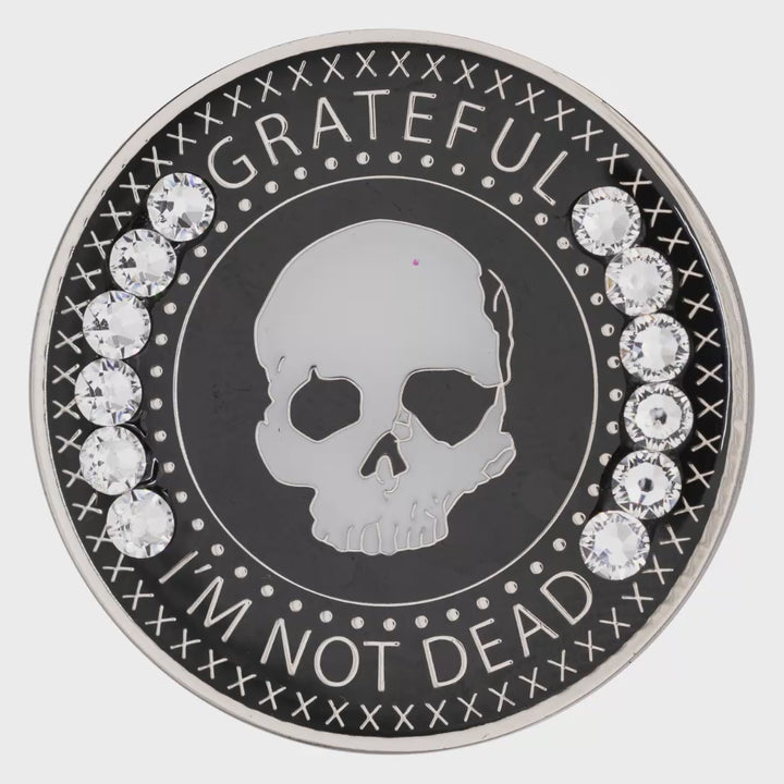 Grateful I'm Not Dead white recovery coin spinning to show front and back