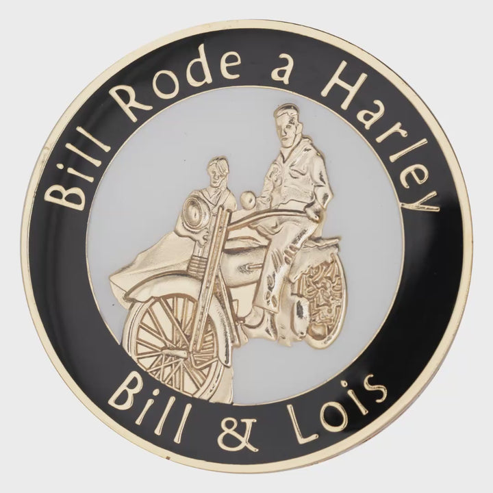 Bill Rode a Harley recovery coin spinning to show front and back