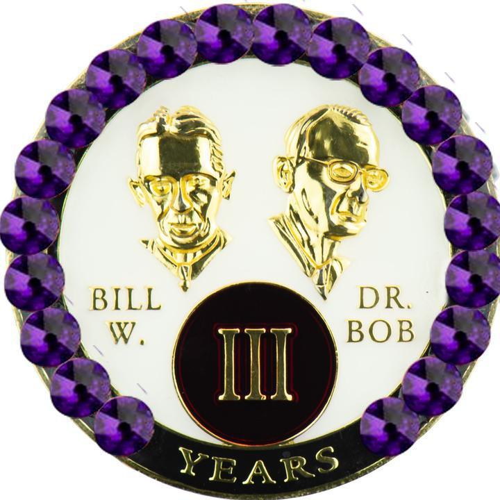 #B11.  Bill & Bob White Coin w Purple Crystals (1-55) - Premium Medallions from Choices - Just $21.95! Shop now at Choices Books & Gifts