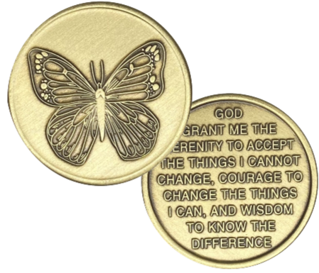 C08. Butterfly, Serenity Prayer (back), Bronze Coin.  BRM6 - Premium Medallions from Wendells - Just $2.50! Shop now at Choices Books & Gifts