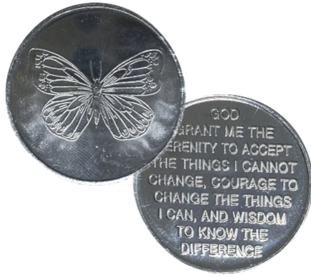 C09. Butterfly, Serenity Prayer (back), Aluminum Coin. DC6 - Premium Medallions from Wendells - Just $1! Shop now at Choices Books & Gifts