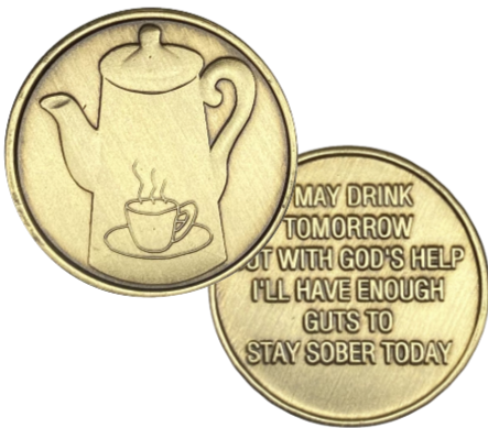 C18. Coffee Pot, Sober Today, Bronze. BRM17 - Premium Medallions from Wendells - Just $2.50! Shop now at Choices Books & Gifts
