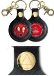 G048. Key Chain: AA Gold Leather Medallion Holder