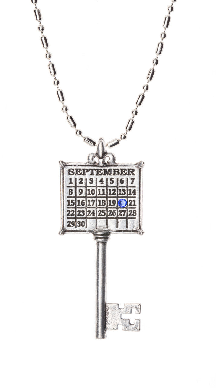 AG54. "Your Special Day" Key Calendar Necklace with a Colored Crystal (Ball chain included) - Choices Books & Gifts