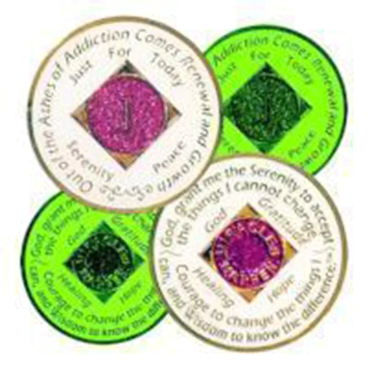 #N08. NA GLOW in DARK Coin w Pink Glitter (1-45) - Premium Medallions from Choices - Just $13.95! Shop now at Choices Books & Gifts
