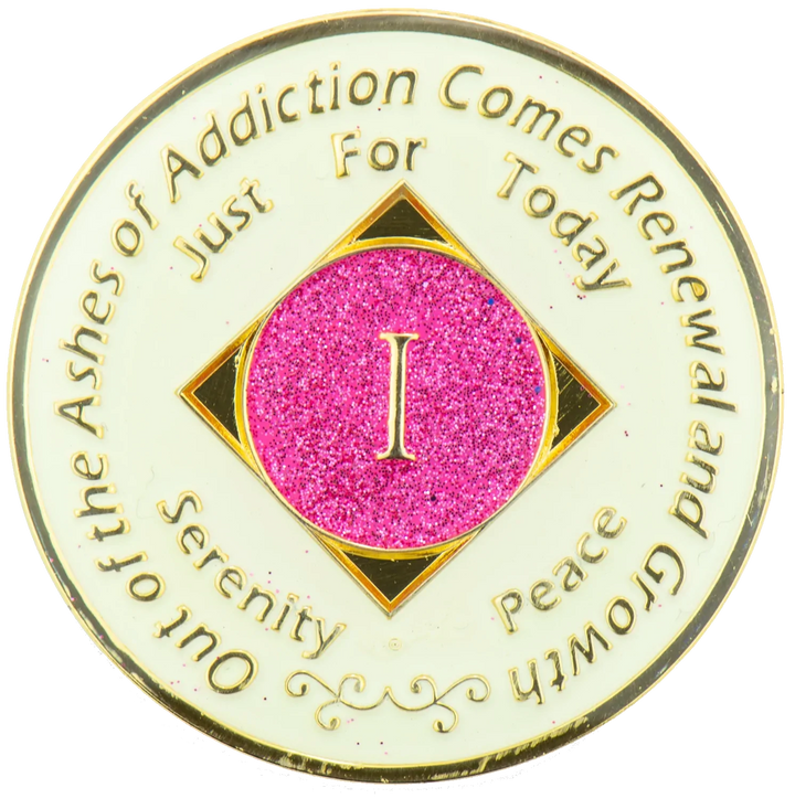 #N08. NA GLOW in DARK Coin w Pink Glitter (1-45) - Premium Medallions from Choices - Just $13.95! Shop now at Choices Books & Gifts