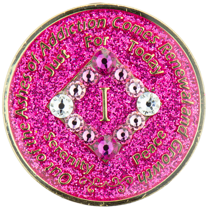 #N12. NA Glitter Pink Coin w Pink Trans Crystals (1-45) - Premium Medallions from Choices - Just $21.95! Shop now at Choices Books & Gifts
