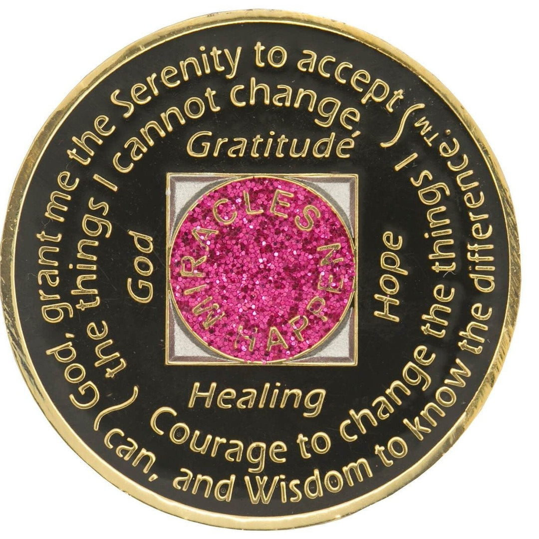 #N12. NA Glitter Pink Coin w Pink Trans Crystals (1-45) - Premium Medallions from Choices - Just $21.95! Shop now at Choices Books & Gifts