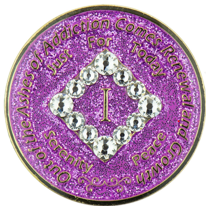#N17. NA Glitter Lavender Coin w White Bling (1-45) - Premium Medallions from Choices - Just $21.95! Shop now at Choices Books & Gifts