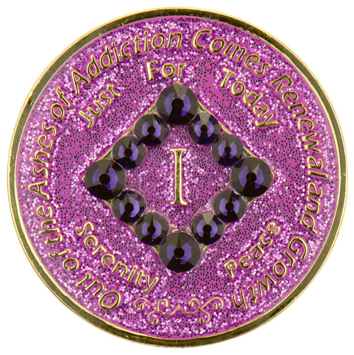 #N18. NA Glitter Lavender Coin w Purple (1-45) - Premium Medallions from Choices - Just $21.95! Shop now at Choices Books & Gifts
