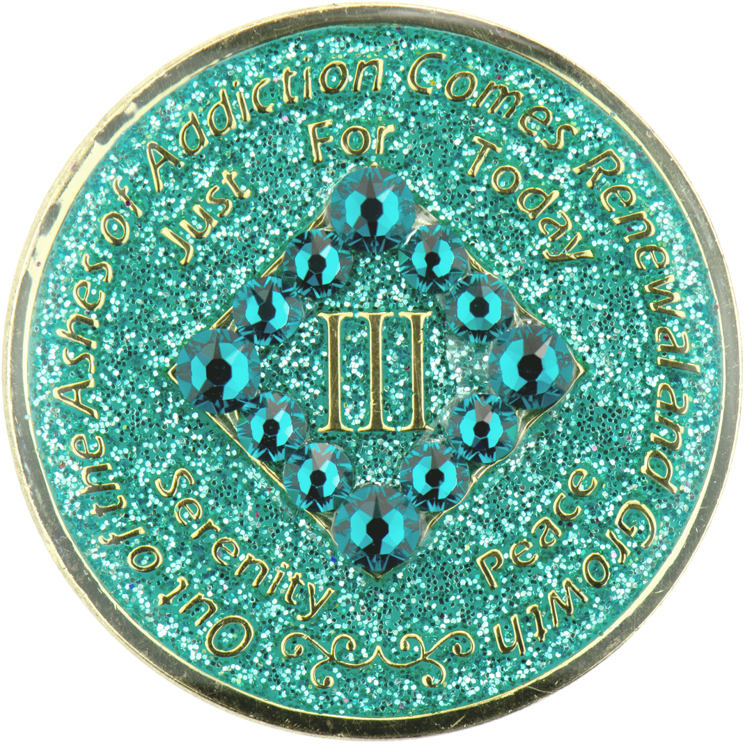 #N25. NA Glitter Turquoise Coin w Turq Crystals (1-45) - Premium Medallions from Choices - Just $21.95! Shop now at Choices Books & Gifts