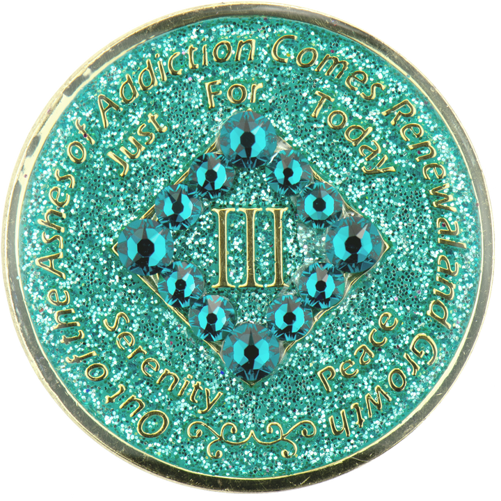 #N25. NA Glitter Turquoise Coin w Turq Crystals (1-45) - Premium Medallions from Choices - Just $21.95! Shop now at Choices Books & Gifts
