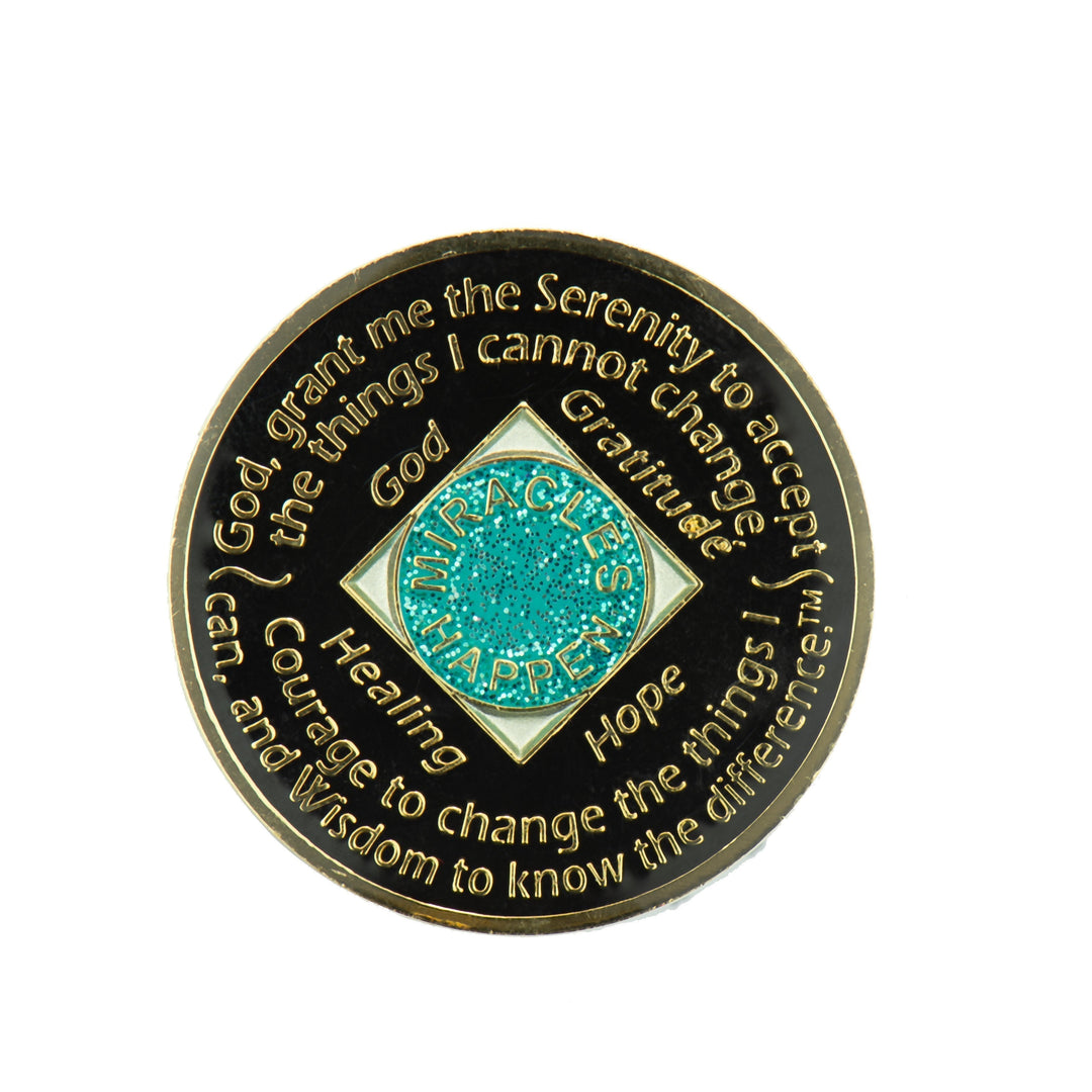 #N26. NA Glitter Turquoise Coin w LGBT Crystals (1-45) - Premium Medallions from Choices - Just $21.95! Shop now at Choices Books & Gifts