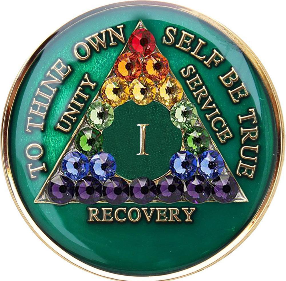 #a76. AA Medallion Green w Rainbow Crystals (1-65) - Premium Medallions from Choices - Just $21.95! Shop now at Choices Books & Gifts