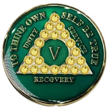 #a77. AA Coin Green w Yellow Crystals (1-65) - Premium Medallions from Choices - Just $21.95! Shop now at Choices Books & Gifts